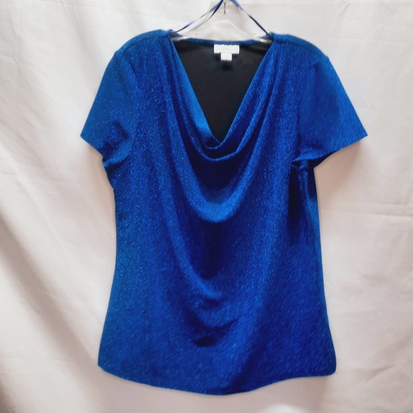 Y2K Jacqueline Smith Royal Blue Metallic Drape Neck pullover cap sleeve top  Lg - Picture 1 of 5